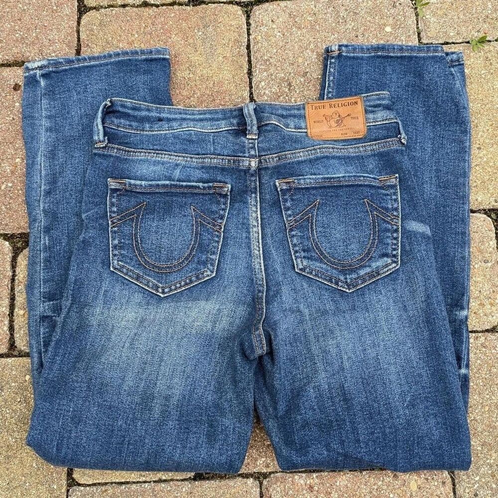 True Religion 27 STARR high rise Cropped Barrel Jeans Dark Wash Denim Fade World